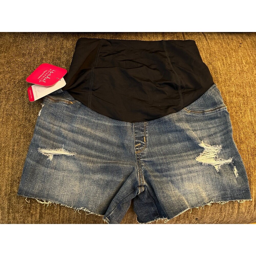 Isabel Maternity Crossover Panel Distressed Midi Jean Shorts NWT Size 8